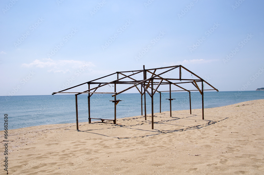 Wooden construction of hut on beach Wooden construction of hut on beach