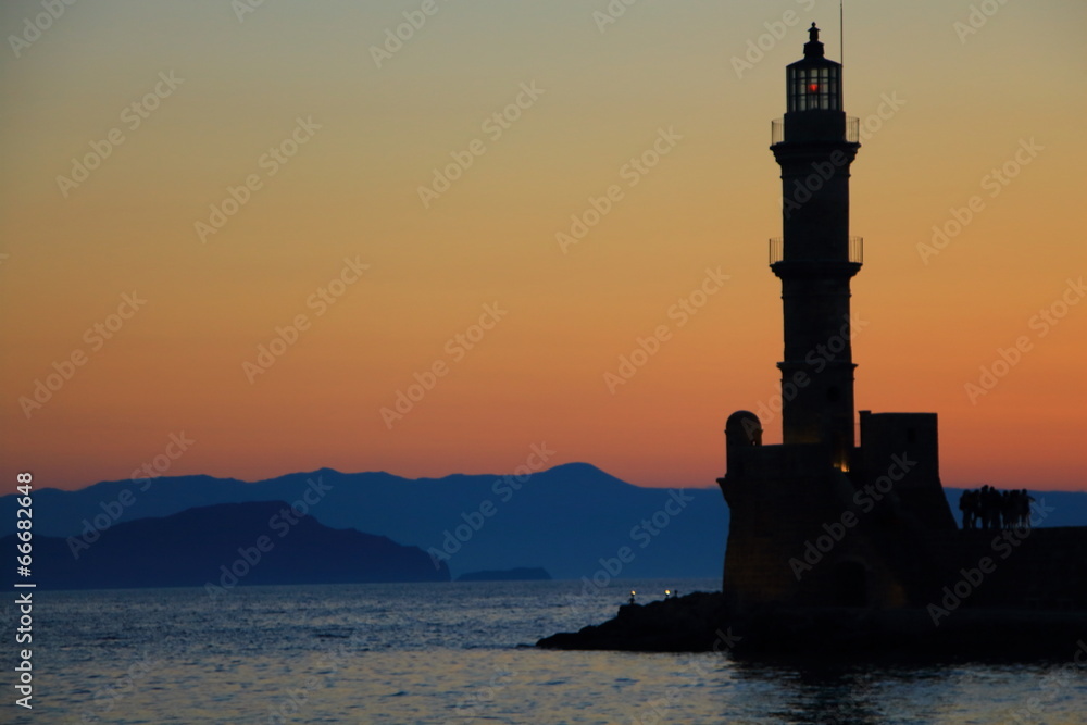 Dusk at harbor with lighthouse Chania Crete Dusk at harbor with lighthouse Chania Crete