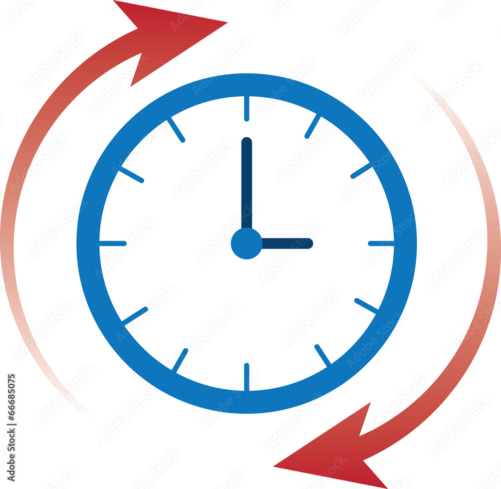 Clock time with red arrows moving clockwise Clock time with red arrows moving clockwise