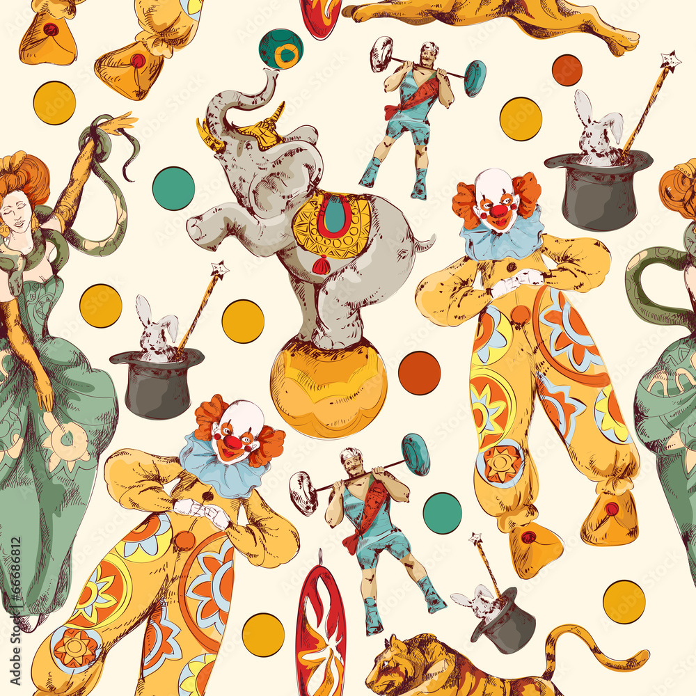 Obraz na plátně Circus doodle sketch color seamless pattern