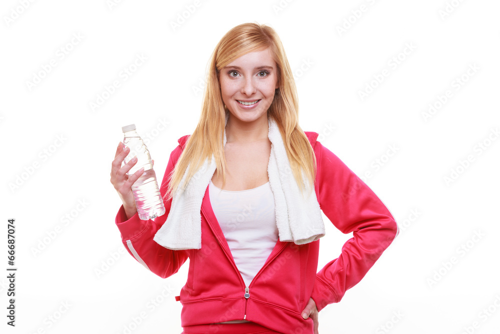 Fitness woman sport girl with towel and water bottle isolated Fitness woman sport girl with towel and water bottle isolated
