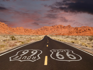 Acrylglasbilder Route 66 Route 66 Pavement Sign with Red Rock Mountain Sunset  © trekandphoto