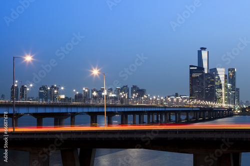Принти на полотні Seoul City Yeouido downtown skyline and Mapodaegyo nightscape