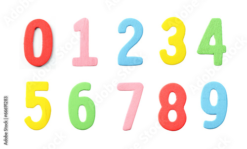 Collections of Numbers wood painted in colorful on white.