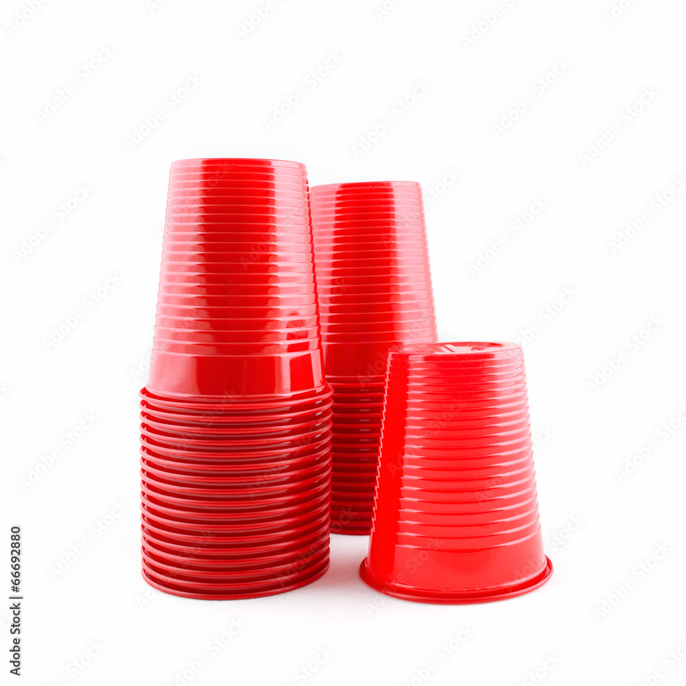 Plastic red cups stack on white background Plastic red cups stack on white background