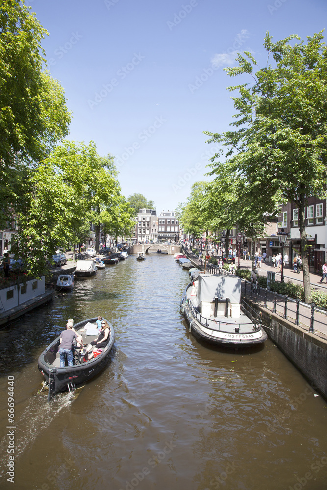 AMSTERDAM, NETHERLANDS, JUNE 8 2014: boats in Spiegelgracht in A