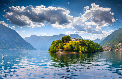 View of the island Comacina on Lake Como. Alps, Italy.