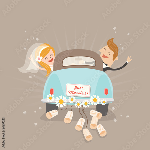 Just married. Groom and Bride cartoon waving hand in car