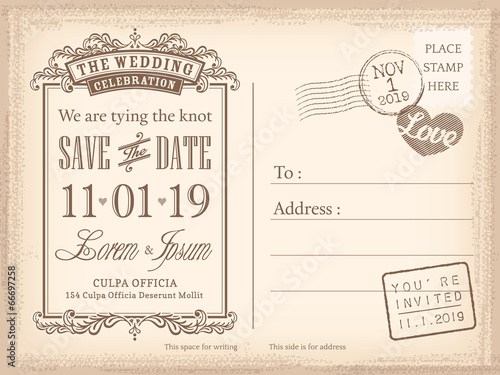 Vintage postcard save the date background for wedding invitation