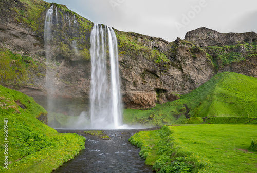 Wide view of Seljalandsfoss, the waterfall in southern Iceland