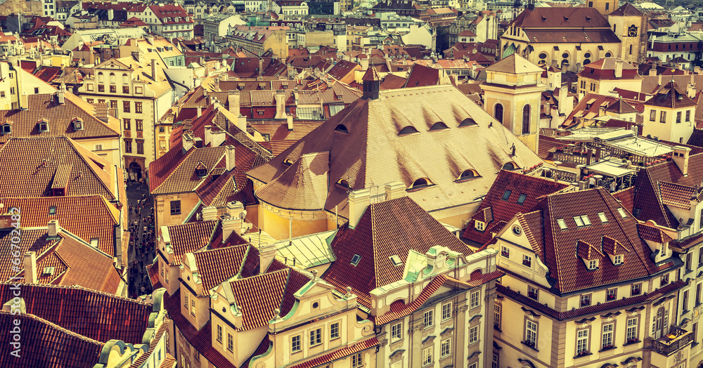 Roofs of Prague, Czech Republic, vintage retro style.