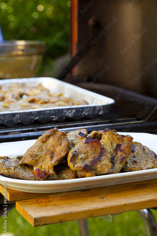 Grilled pork on a tray in the garden Grilled pork on a tray in the garden