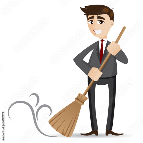 cartoon businessman cleaning with broom