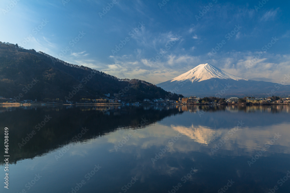 Mountain Fuji view from the lake in Japan.