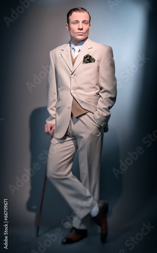 Retro 1920 business fashion man wearing white striped suit and t