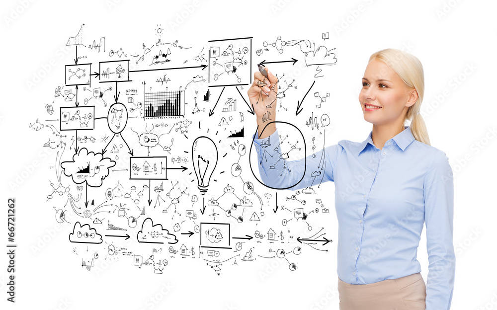 businesswoman drawing big plan in air with marker businesswoman drawing big plan in air with marker