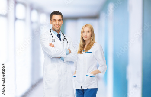 two young attractive doctors in medical facility