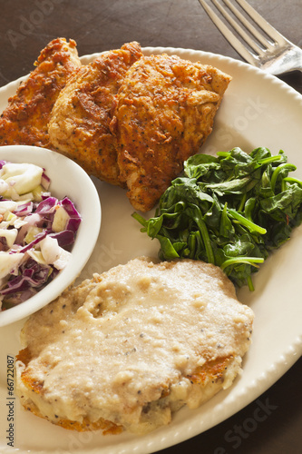 Vegan fried chicken substitute served with slaw, mashed potatoes photo