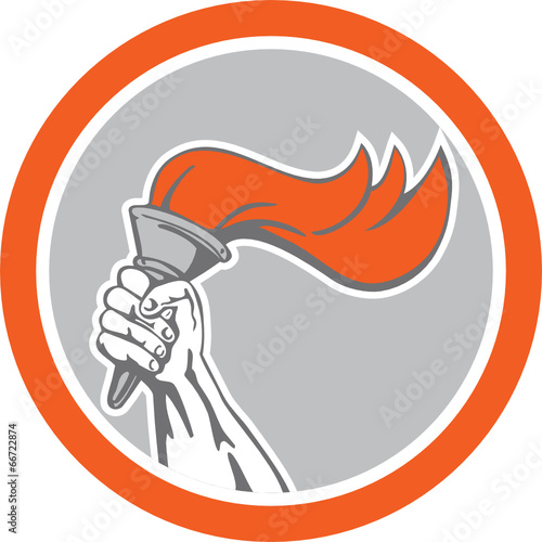 Hand Holding Flaming Torch Circle Retro