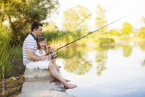 Happy father and daughter fishing