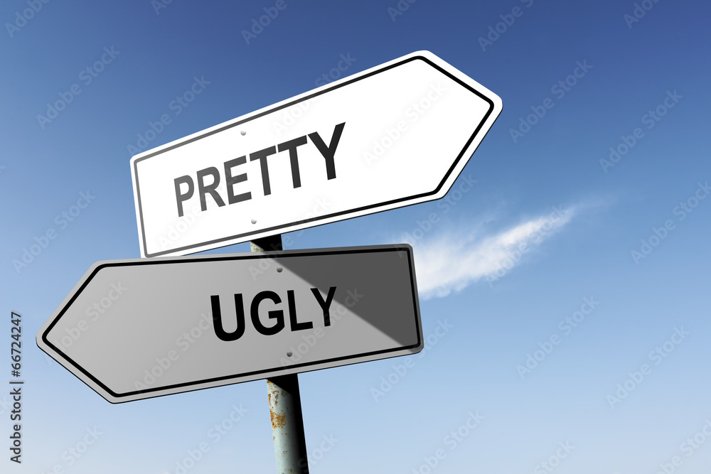 Pretty and Ugly directions. Opposite traffic sign. Pretty and Ugly directions. Opposite traffic sign.