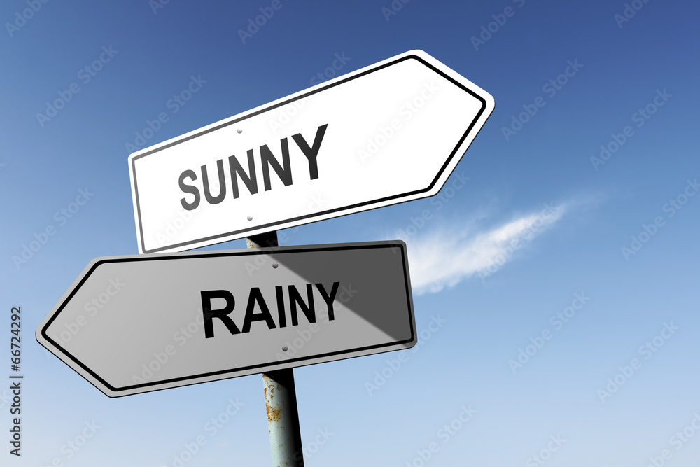 Sunny and Rainy directions. Opposite traffic sign. Sunny and Rainy directions. Opposite traffic sign.