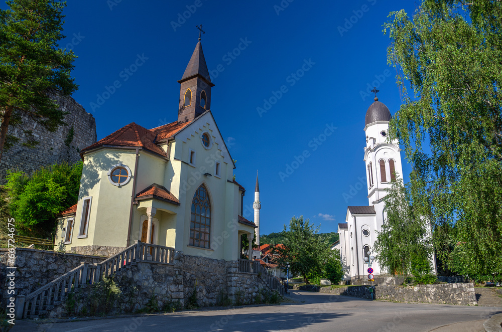 Catholic church, Orthodox church and Mosque in Bosanska Krupa