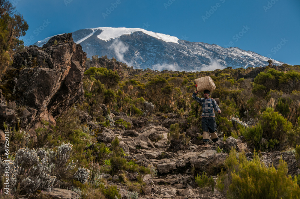 Porter descending Kilimanjaro Porter descending Kilimanjaro