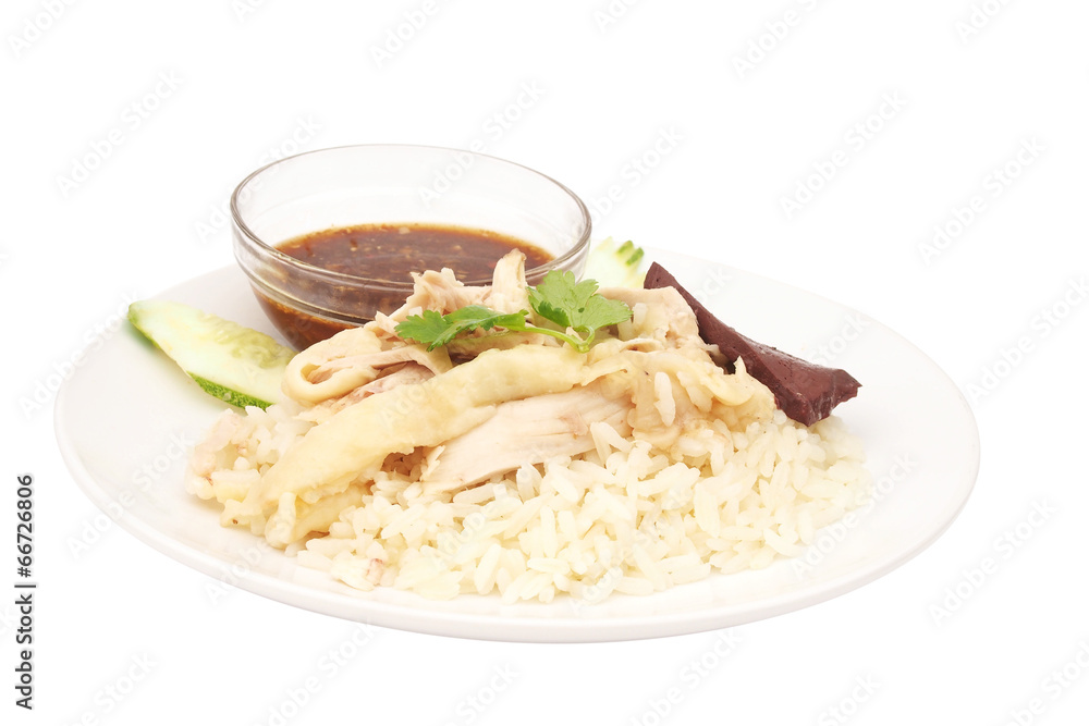sliced Hainan-style chicken with marinated rice sliced Hainan-style chicken with marinated rice