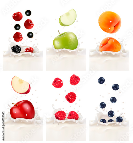 Colorful fresh fruits falling into the milky splash. Vector illu