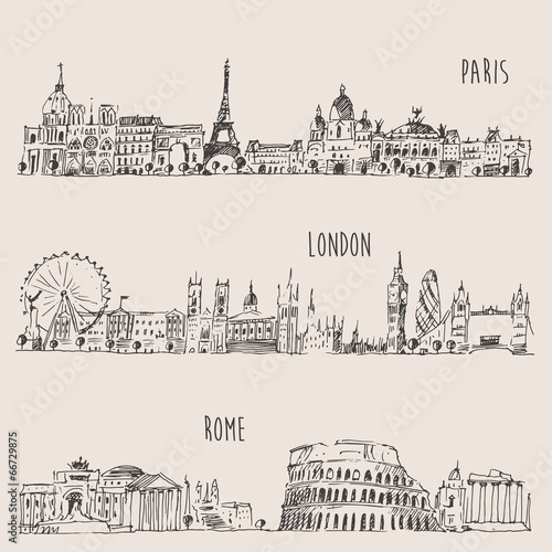 city set (London, Paris, Rome) vintage engraved illustration