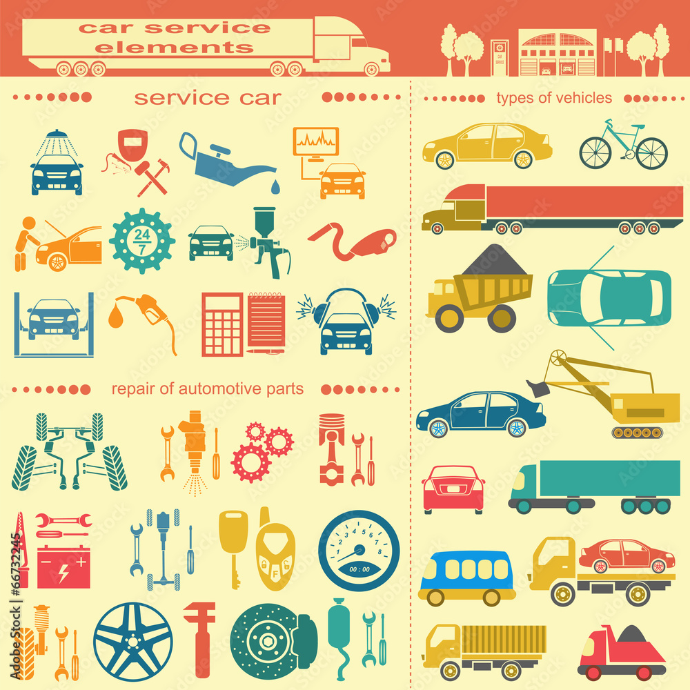Set of auto repair service elements for creating your own infogr