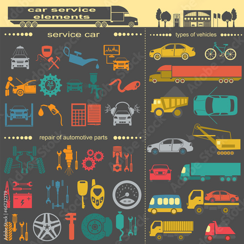 Set of auto repair service elements for creating your own infogr
