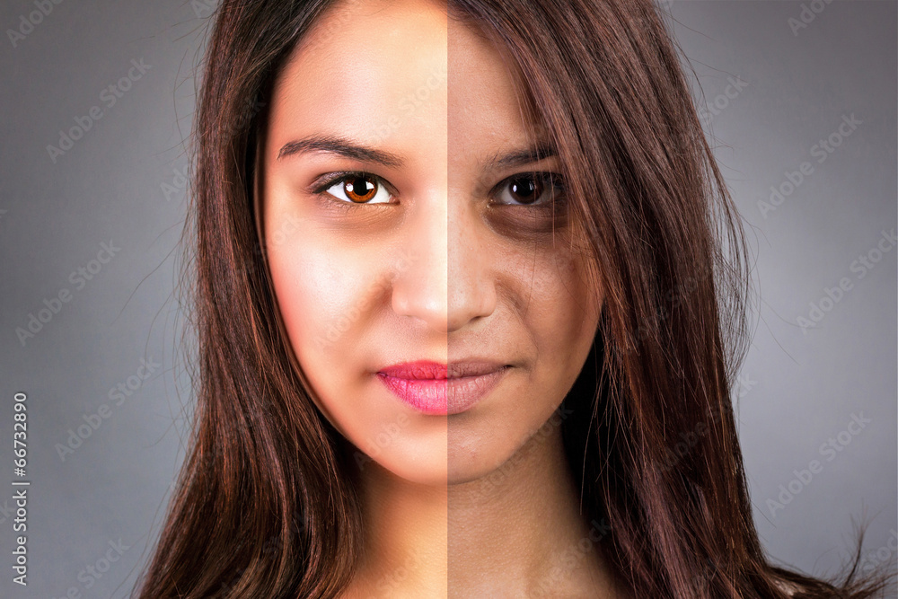 Face of beautiful young woman before and after retouch Face of beautiful young woman before and after retouch