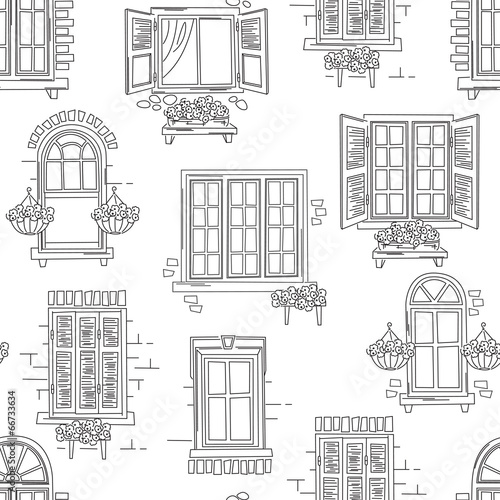 Seamless pattern of retro windows on white background.