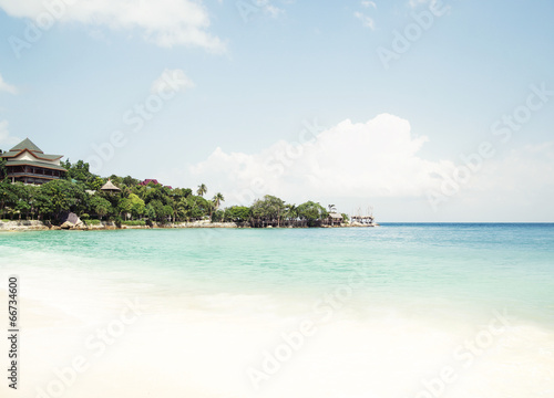 Scenic landscape of a tropical beach. Summer background.