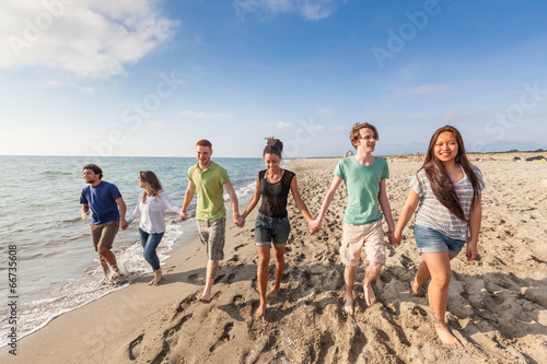 Multiracial Group of Friends Walking at Beach