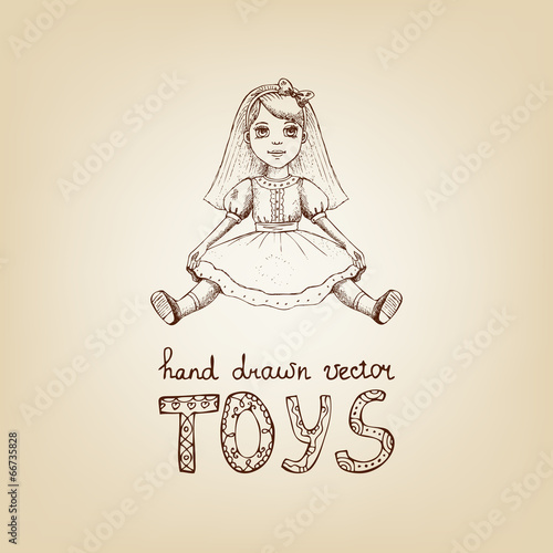 Hand-drawn illustration of a vintage toy doll