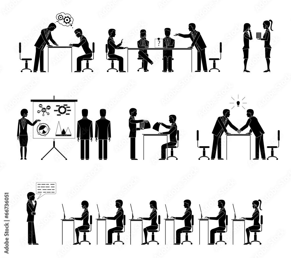 Set of business people silhouettes in meetings Set of business people silhouettes in meetings