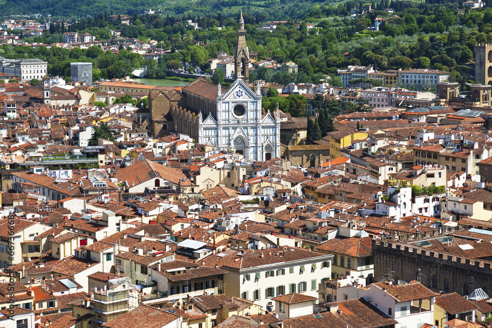 Panorama of Florence with  Basilica Santa Croce,  Italy