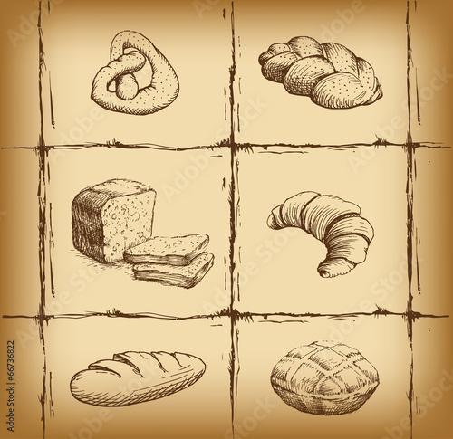 Bakery. loaf, baguette, baked goods, croissant, cupcake, bagel