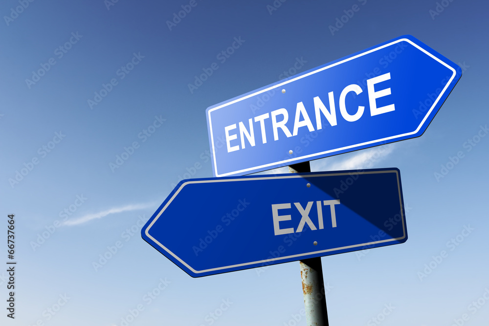 Entrance and Exit directions. Opposite traffic sign. Entrance and Exit directions. Opposite traffic sign.