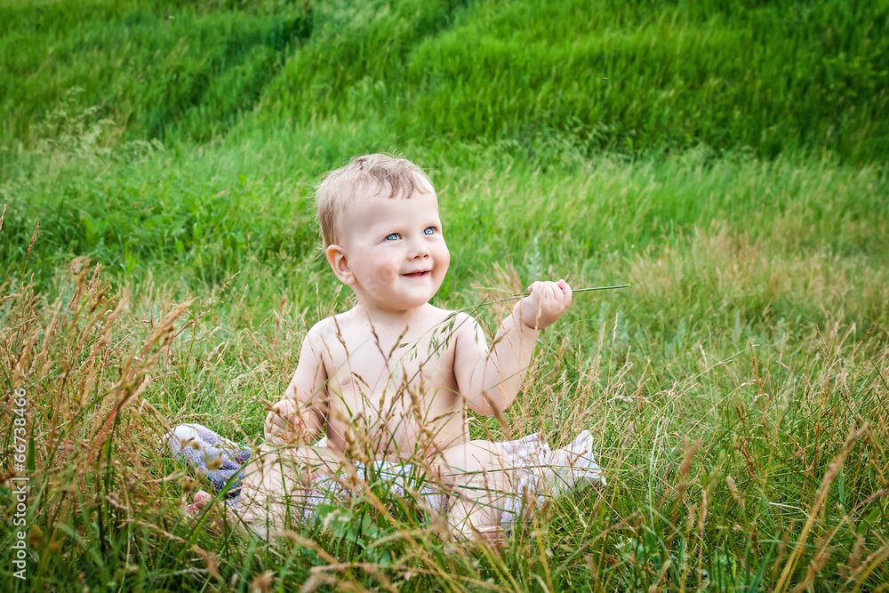 Cute boy playing in high grass on summer day Cute boy playing in high grass on summer day