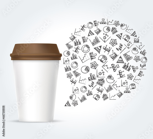 White paper coffee cup and bubble thought with diagram icons
