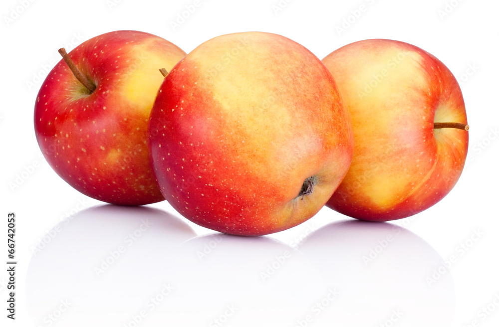 Three red apples fruits on a white background Three red apples fruits on a white background