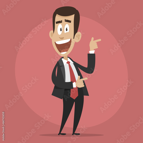 Character businessman happy points towards