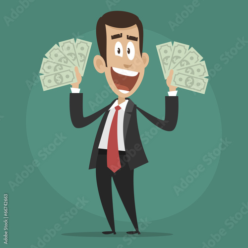 Character businessman happy holds dollar bills