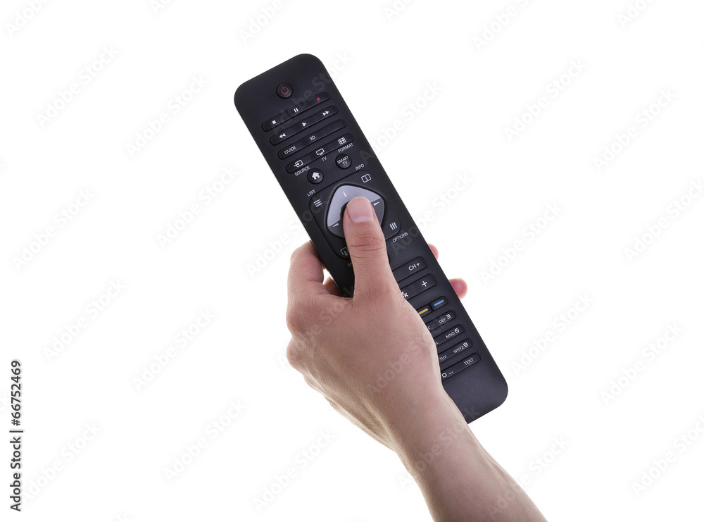 Female Hand Holding a Remote Controller on White Background Female Hand Holding a Remote Controller on White Background