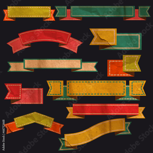 Set of vector retro ribbons, old dirty paper textures