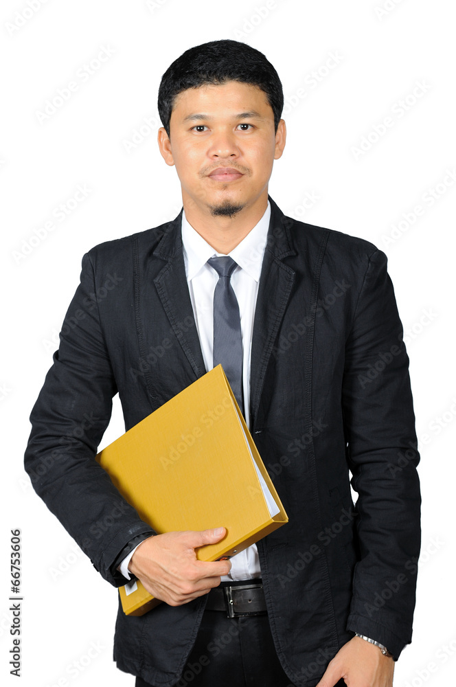 Business-man holding and checking work with yellow folder Business-man holding and checking work with yellow folder